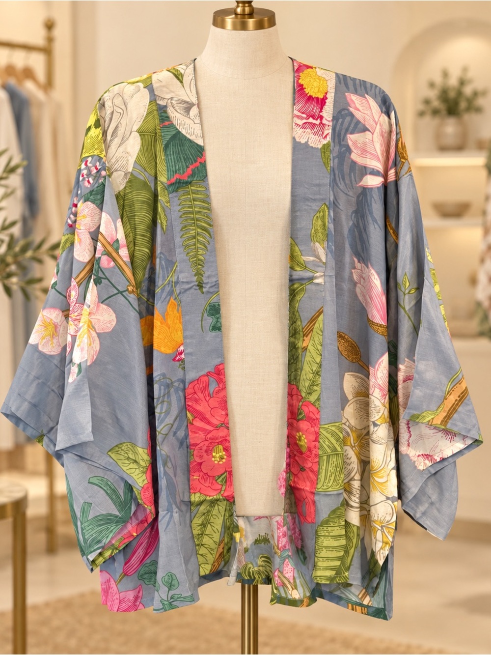 Powder Designs Women's Cape in blue and Pink floral Kimono Caftan NWT